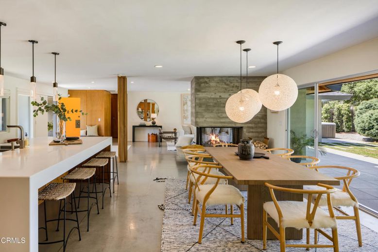 Dining room, Fireplace, Interior, Kitchen, Pendant Lights, Recessed Lighting, Stone Walls