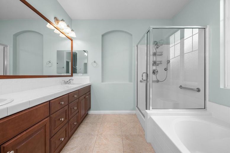 Bathroom, Dual Sink Vanities, Glass Shower, Interior, Tile Countertops