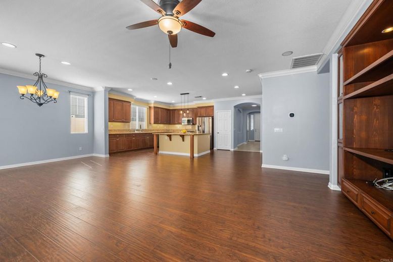 Chandelier, Empty room, Interior, Kitchen, Pendant Lights, Recessed Lighting, Wood Texture Flooring