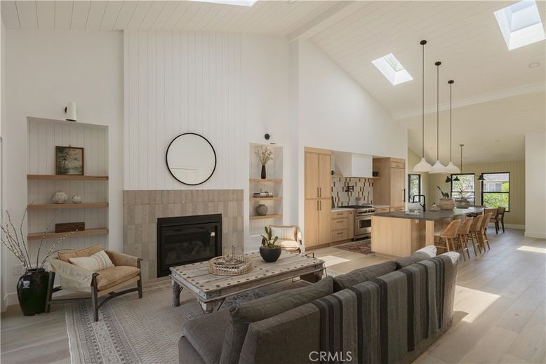 Dining room, Fireplace, Interior, Kitchen, Living room, Pendant Lights, Wood Texture Flooring
