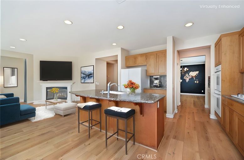 Fireplace, Interior, Kitchen, Recessed Lighting, Wood Texture Flooring