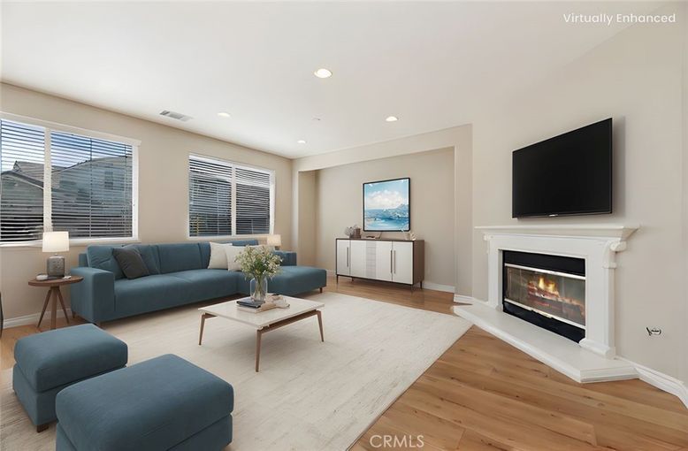Fireplace, Interior, Living room, Recessed Lighting, Wood Texture Flooring