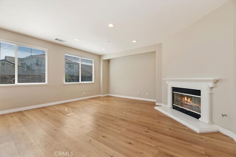 Empty room, Fireplace, Interior, Recessed Lighting, Wood Texture Flooring