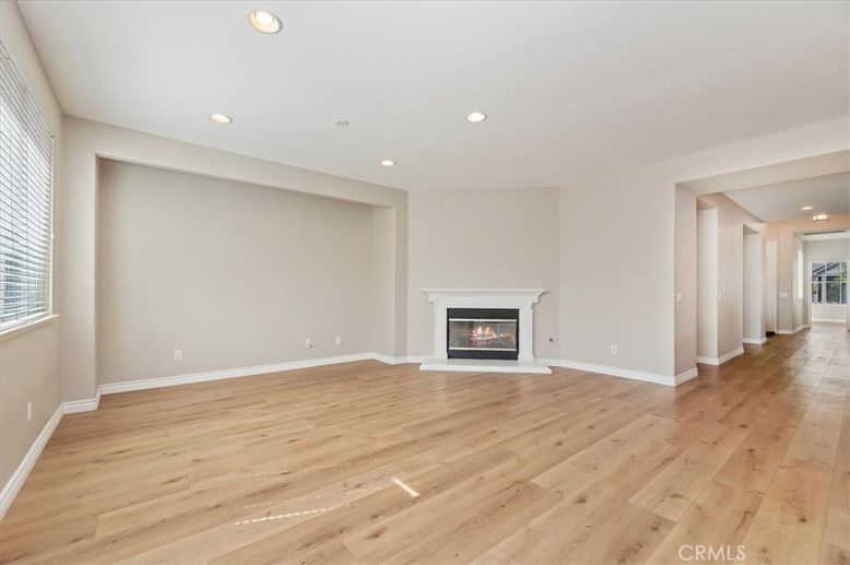 Empty room, Fireplace, Interior, Recessed Lighting, Wood Texture Flooring