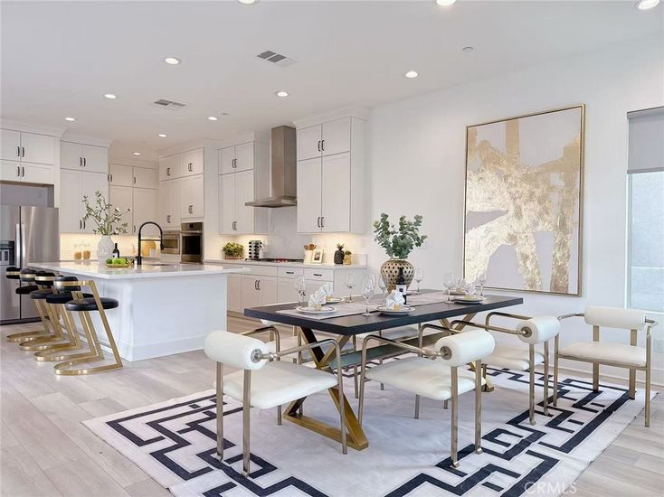 Dining room, Interior, Kitchen, Recessed Lighting, Stainless Steel Appliances, Wood Texture Flooring