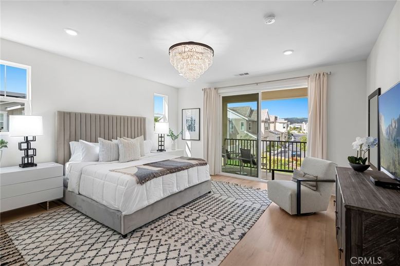 Bedroom, Chandelier, Interior, Recessed Lighting, Wood Texture Flooring