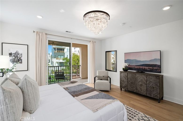 Bedroom, Chandelier, Interior, Recessed Lighting, Wood Texture Flooring
