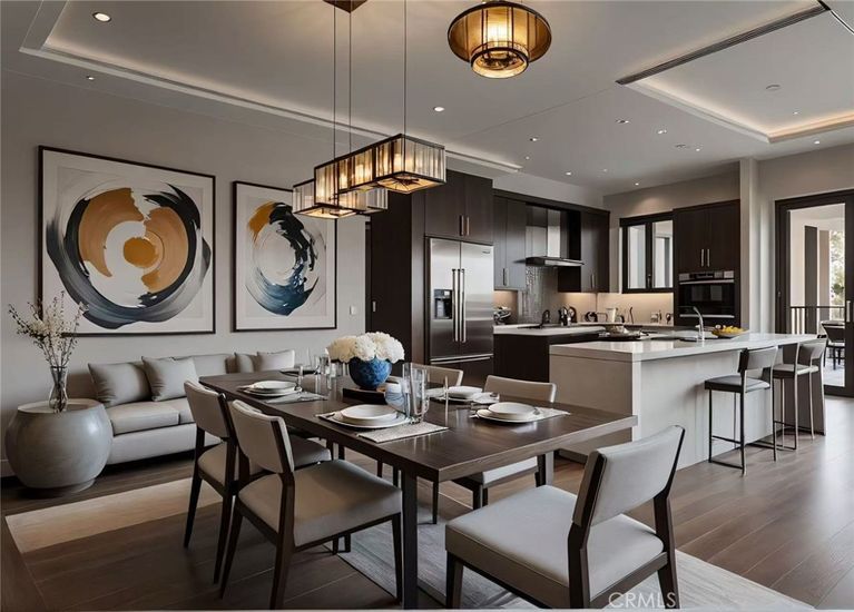 Dining room, Interior, Kitchen, Pendant Lights, Recessed Lighting, Stainless Steel Appliances, Wood Texture Flooring