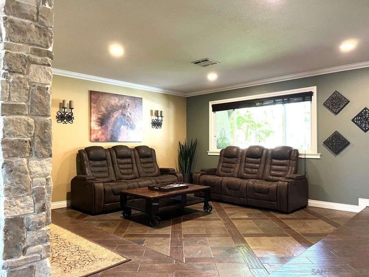 Interior, Living room, Recessed Lighting, Stone Walls