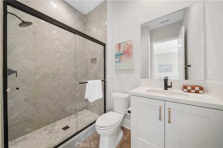 Bathroom, Glass Shower, Interior, Recessed Lighting, Wood Texture Flooring