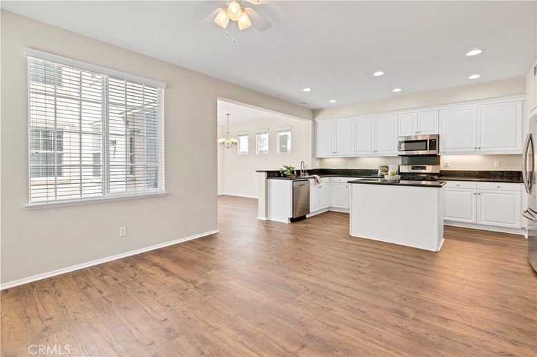 Chandelier, Interior, Kitchen, Recessed Lighting, Stainless Steel Appliances, Wood Texture Flooring