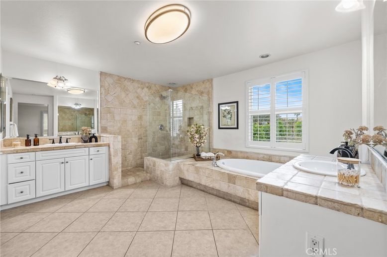 Bathroom, Dual Sink Vanities, Glass Shower, Interior, Recessed Lighting, Tile Countertops