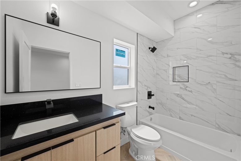 Bathroom, Interior, Marble Walls, Recessed Lighting, Wood Texture Flooring