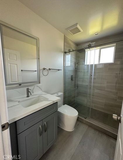 Bathroom, Glass Shower, Interior, Wood Texture Flooring