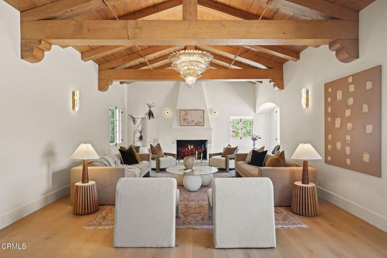Chandelier, Fireplace, Interior, Living room, Wooden Beams, Wooden Ceilings, Wood Texture Flooring
