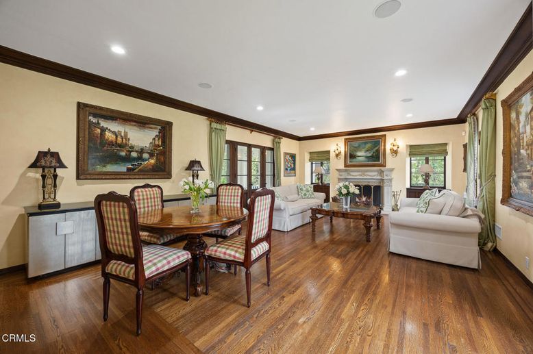 Dining room, Fireplace, Interior, Living room, Recessed Lighting, Wood Texture Flooring