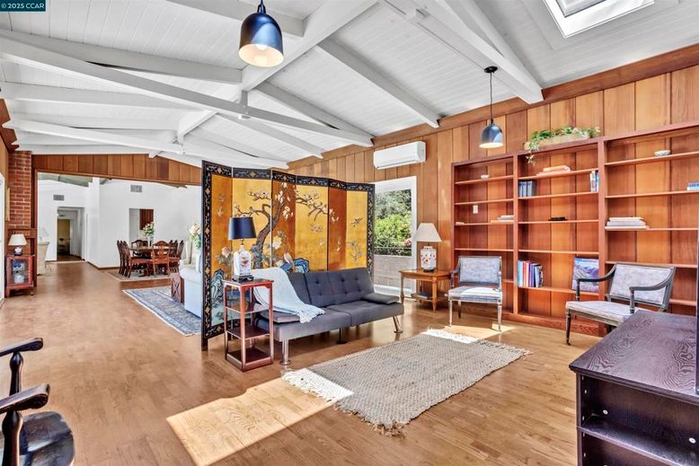 Dining room, Interior, Pendant Lights, Wood Texture Flooring, Wooden Walls