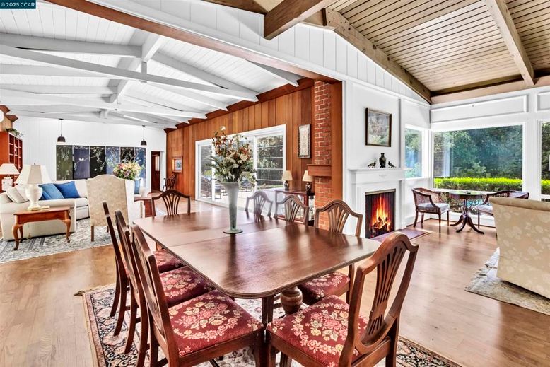 Dining room, Fireplace, Interior, Living room, Wooden Beams, Wooden Ceilings, Wood Texture Flooring, Wooden Walls
