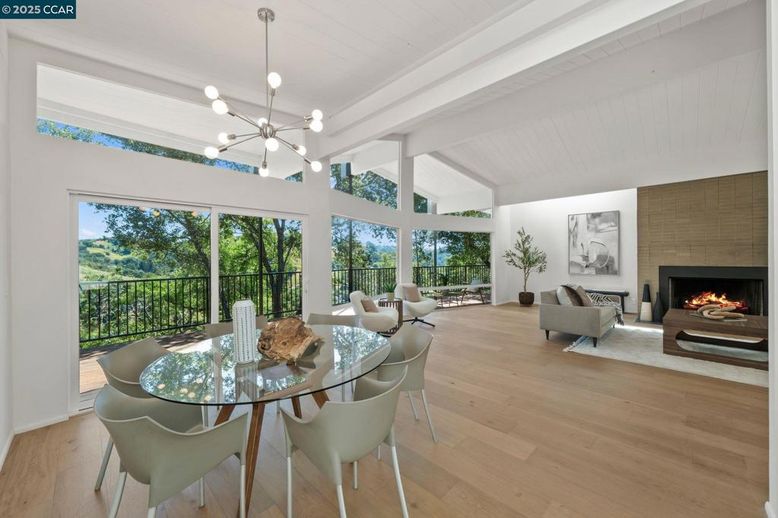 Dining room, Fireplace, Interior, Living room, Pendant Lights, Wood Texture Flooring