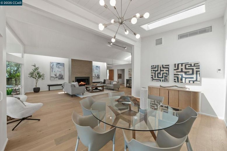 Dining room, Fireplace, Interior, Living room, Pendant Lights, Wood Texture Flooring