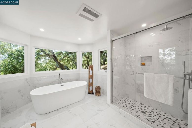 Bathroom, Free Standing Baths, Glass Shower, Interior, Marble, Marble Walls, Recessed Lighting