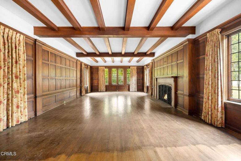 Empty room, Fireplace, Interior, Wooden Beams, Wood Texture Flooring, Wooden Walls