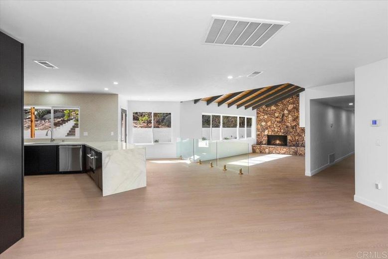 Fireplace, Interior, Kitchen, Recessed Lighting, Wood Texture Flooring