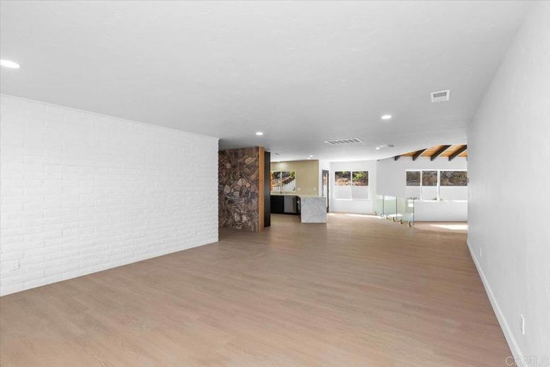 Empty room, Interior, Recessed Lighting, Stone Walls, Wood Texture Flooring