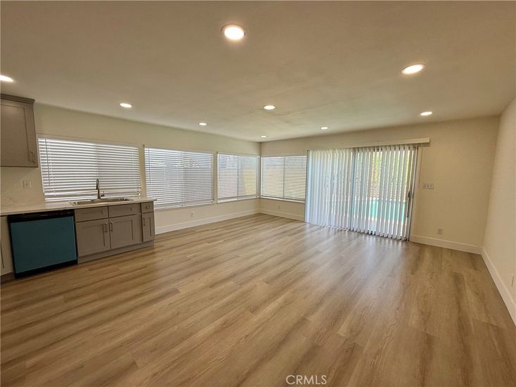 Empty room, Interior, Kitchen, Recessed Lighting, Wood Texture Flooring