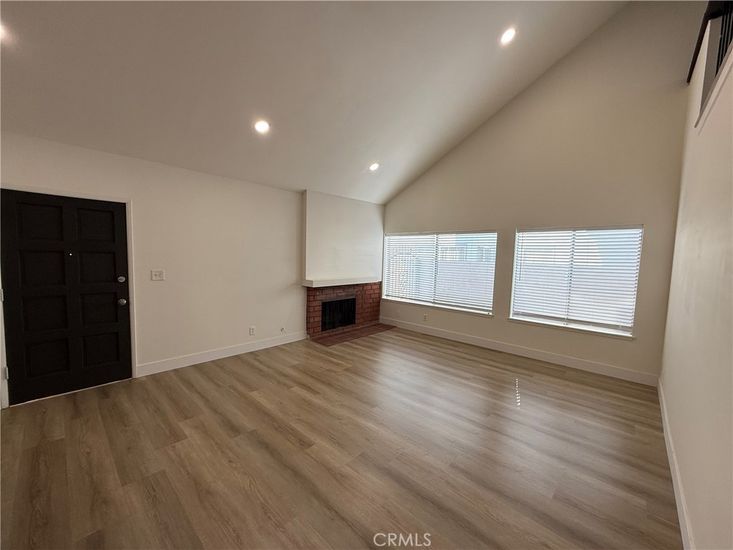 Empty room, Fireplace, Interior, Recessed Lighting, Wood Texture Flooring