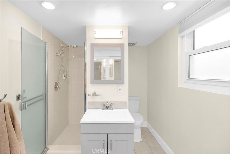 Bathroom, Glass Shower, Interior, Recessed Lighting, Wood Texture Flooring