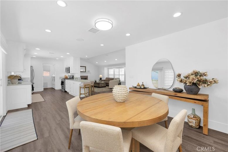Dining room, Interior, Kitchen, Living room, Recessed Lighting, Wood Texture Flooring