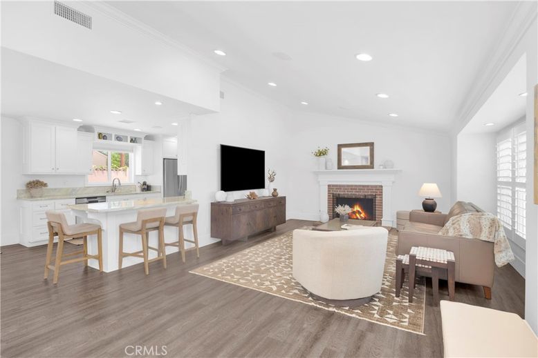 Dining room, Fireplace, Interior, Kitchen, Living room, Recessed Lighting, Wood Texture Flooring