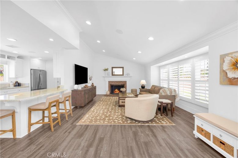 Fireplace, Interior, Kitchen, Living room, Recessed Lighting, Wood Texture Flooring