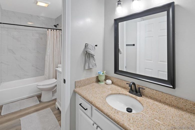 Bathroom, Interior, Marble Walls, Recessed Lighting, Wood Texture Flooring
