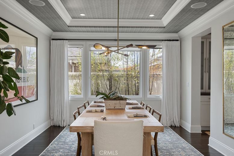 Dining room, Interior, Pendant Lights, Recessed Lighting, Wood Texture Flooring