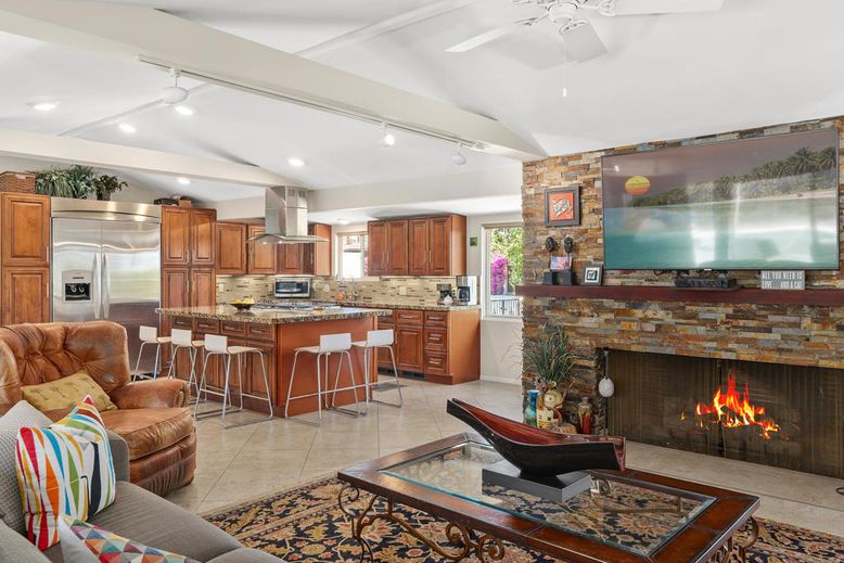 Fireplace, Interior, Kitchen, Living room, Recessed Lighting, Stainless Steel Appliances