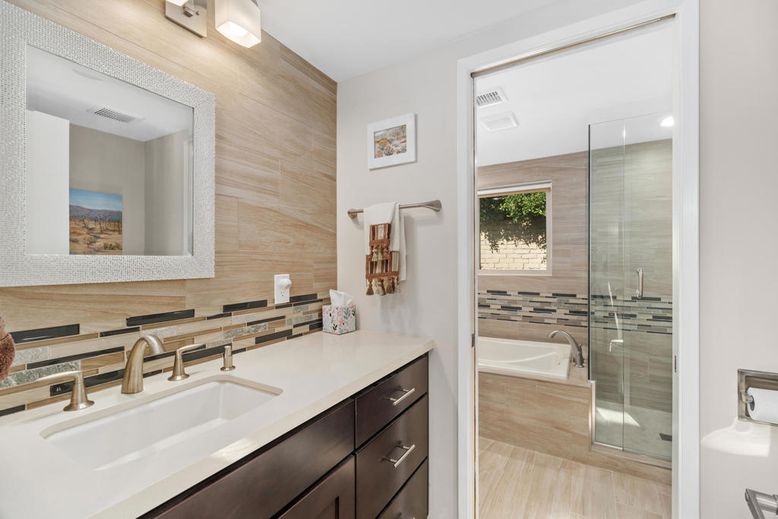 Bathroom, Dual Sink Vanities, Glass Shower, Interior, Wood Texture Flooring