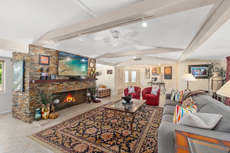 Fireplace, Interior, Living room, Recessed Lighting, Stone Walls