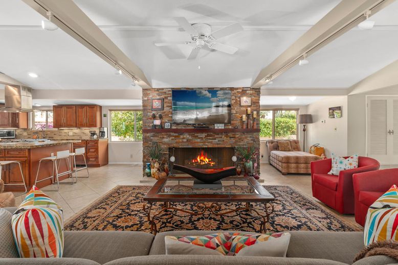 Fireplace, Interior, Kitchen, Living room, Recessed Lighting, Stone Walls