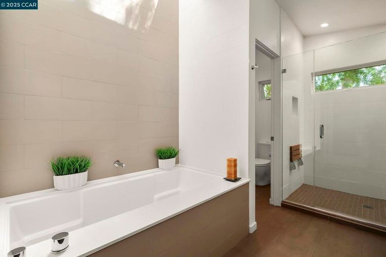Bathroom, Glass Shower, Interior, Recessed Lighting, Wood Texture Flooring