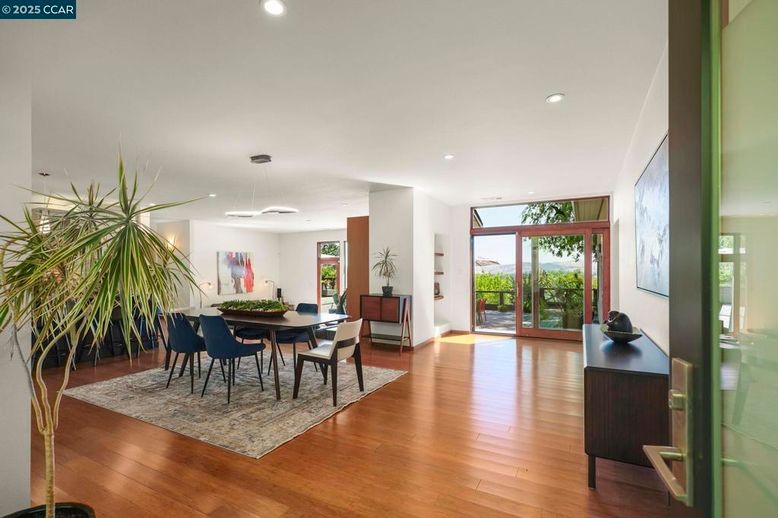 Dining room, Interior, Pendant Lights, Recessed Lighting, Wood Texture Flooring