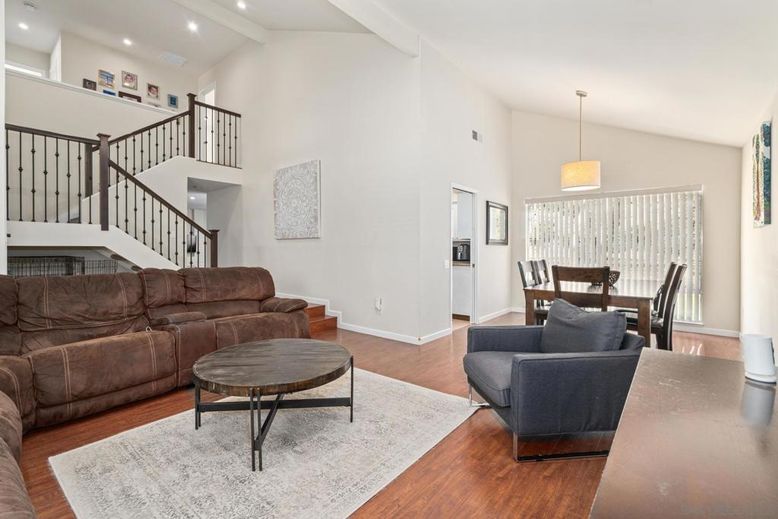 Dining room, Interior, Living room, Pendant Lights, Recessed Lighting, Wood Texture Flooring