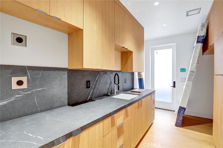 Interior, Kitchen, Marble Walls, Recessed Lighting, Wood Texture Flooring