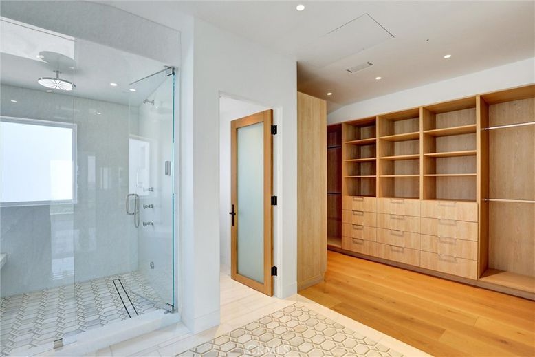 Bathroom, Glass Shower, Interior, Recessed Lighting, Wood Texture Flooring