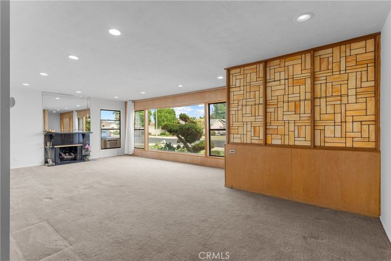 Empty room, Fireplace, Interior, Recessed Lighting, Wooden Walls