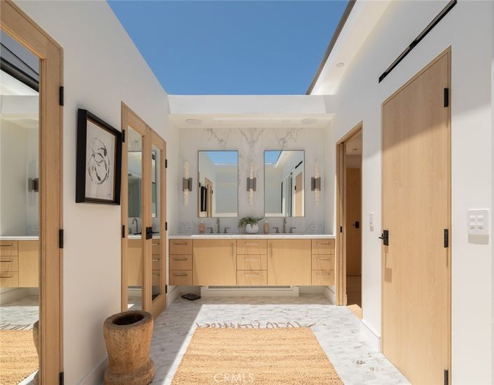 Bathroom, Dual Sink Vanities, Interior, Marble, Wood Texture Flooring
