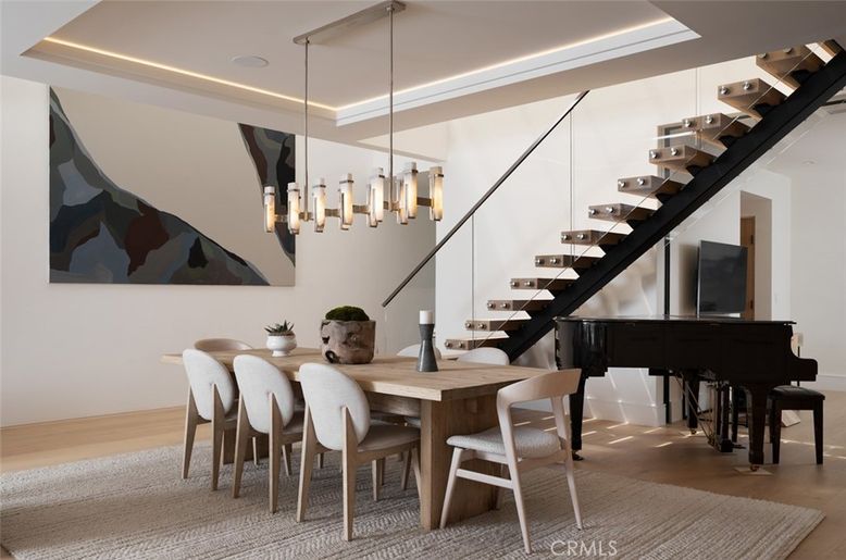 Dining room, Interior, Pendant Lights, Piano, Wood Texture Flooring