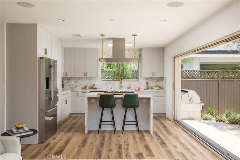 Interior, Kitchen, Marble Walls, Pendant Lights, Recessed Lighting, Wood Texture Flooring