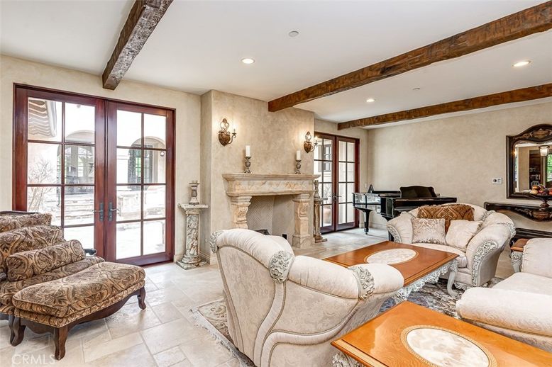 Fireplace, Interior, Living room, Piano, Recessed Lighting, Wooden Beams
